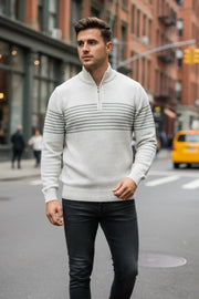 Classic White Striped Half-Zip Sweater – Effortless Winter Style