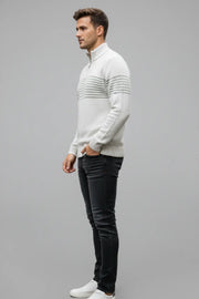 Classic White Striped Half-Zip Sweater – Effortless Winter Style