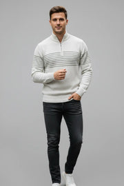 Classic White Striped Half-Zip Sweater – Effortless Winter Style